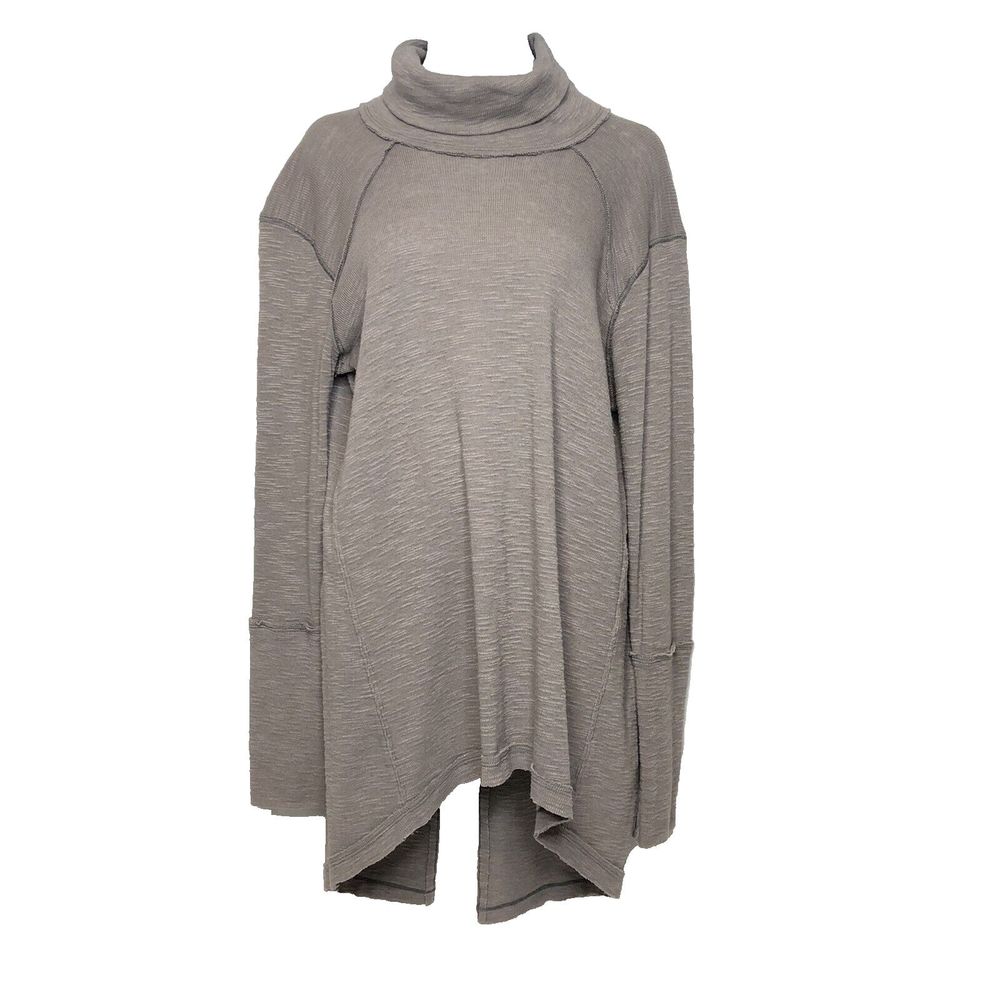 We The Free People Split Back Turtleneck LARGE Tunic Top Stone Gray Slouchy